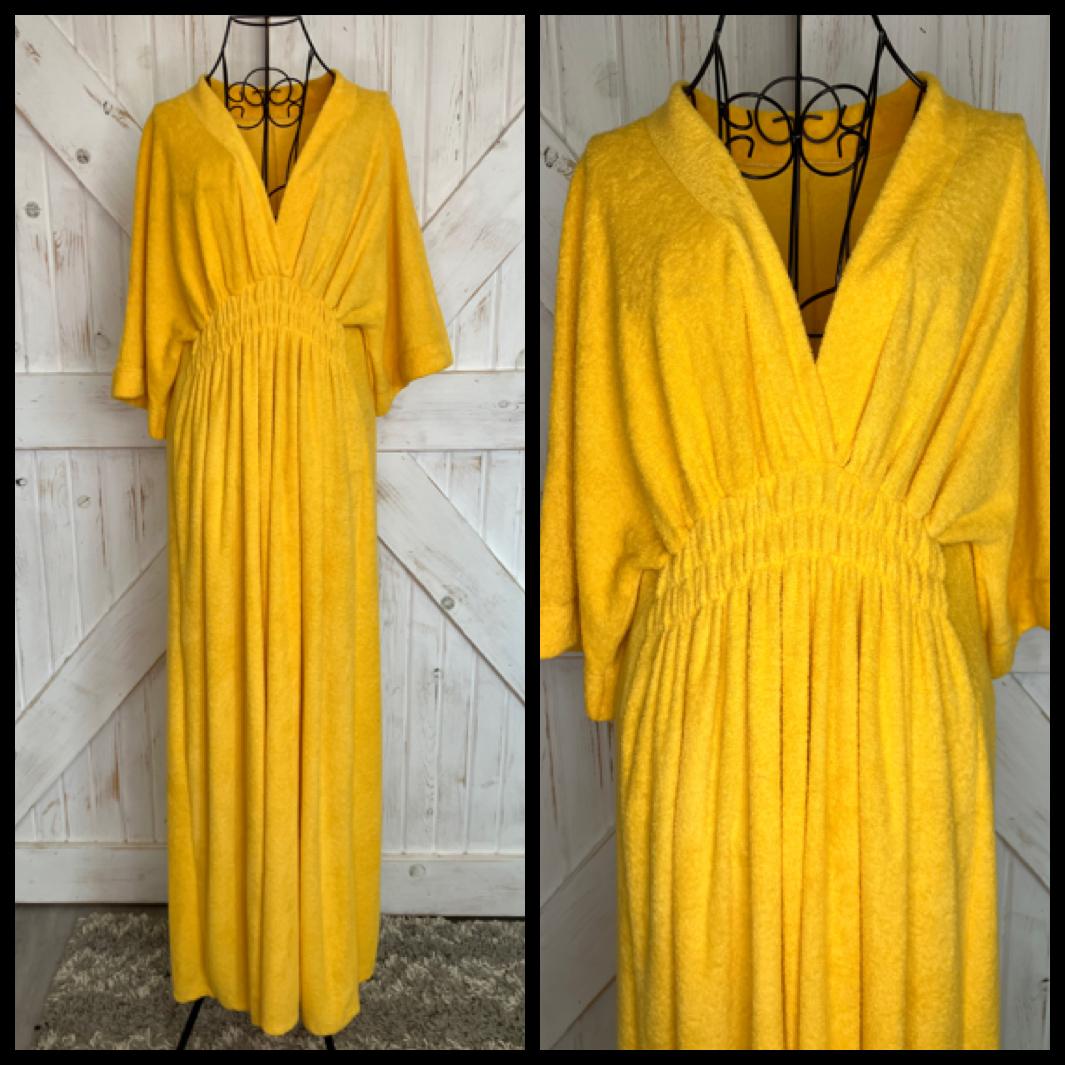 70's Vintage Sunshine Yellow Terry Cloth Mumu Muumuu Kaftan Caftan Swim Cover Robe Maxi Dress