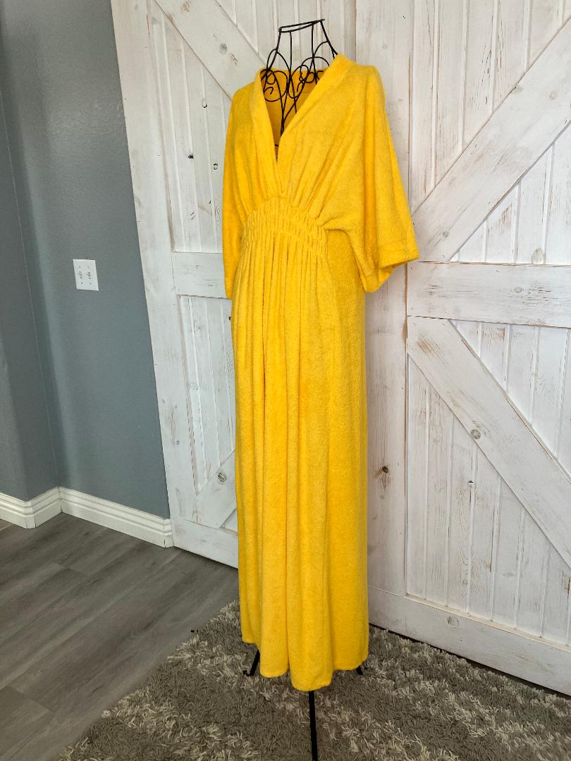 70's Vintage Sunshine Yellow Terry Cloth Mumu Muumuu Kaftan Caftan Swim Cover Robe Maxi Dress