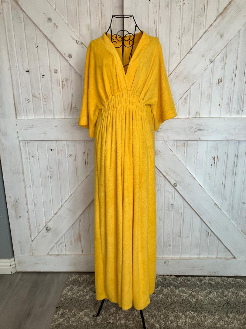 70's Vintage Sunshine Yellow Terry Cloth Mumu Muumuu Kaftan Caftan Swim Cover Robe Maxi Dress