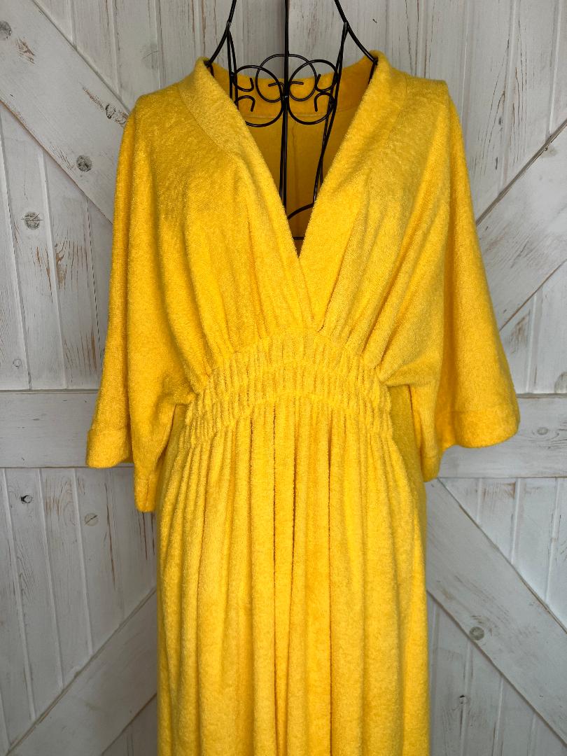 70's Vintage Sunshine Yellow Terry Cloth Mumu Muumuu Kaftan Caftan Swim Cover Robe Maxi Dress