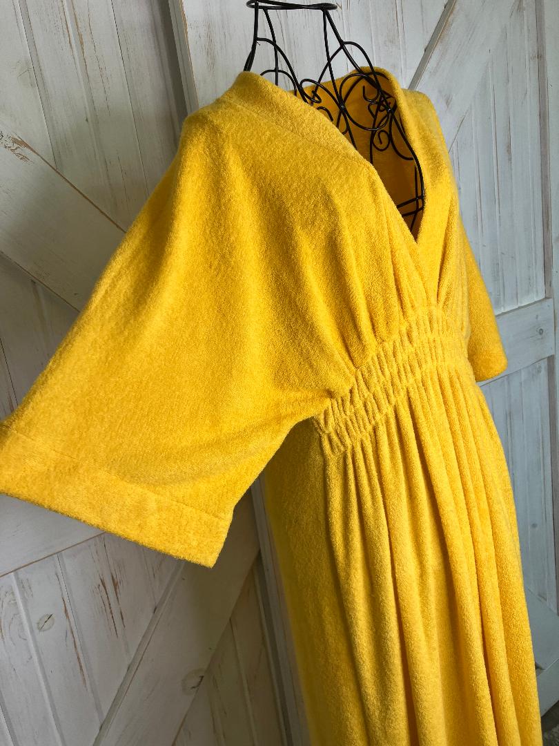 70's Vintage Sunshine Yellow Terry Cloth Mumu Muumuu Kaftan Caftan Swim Cover Robe Maxi Dress