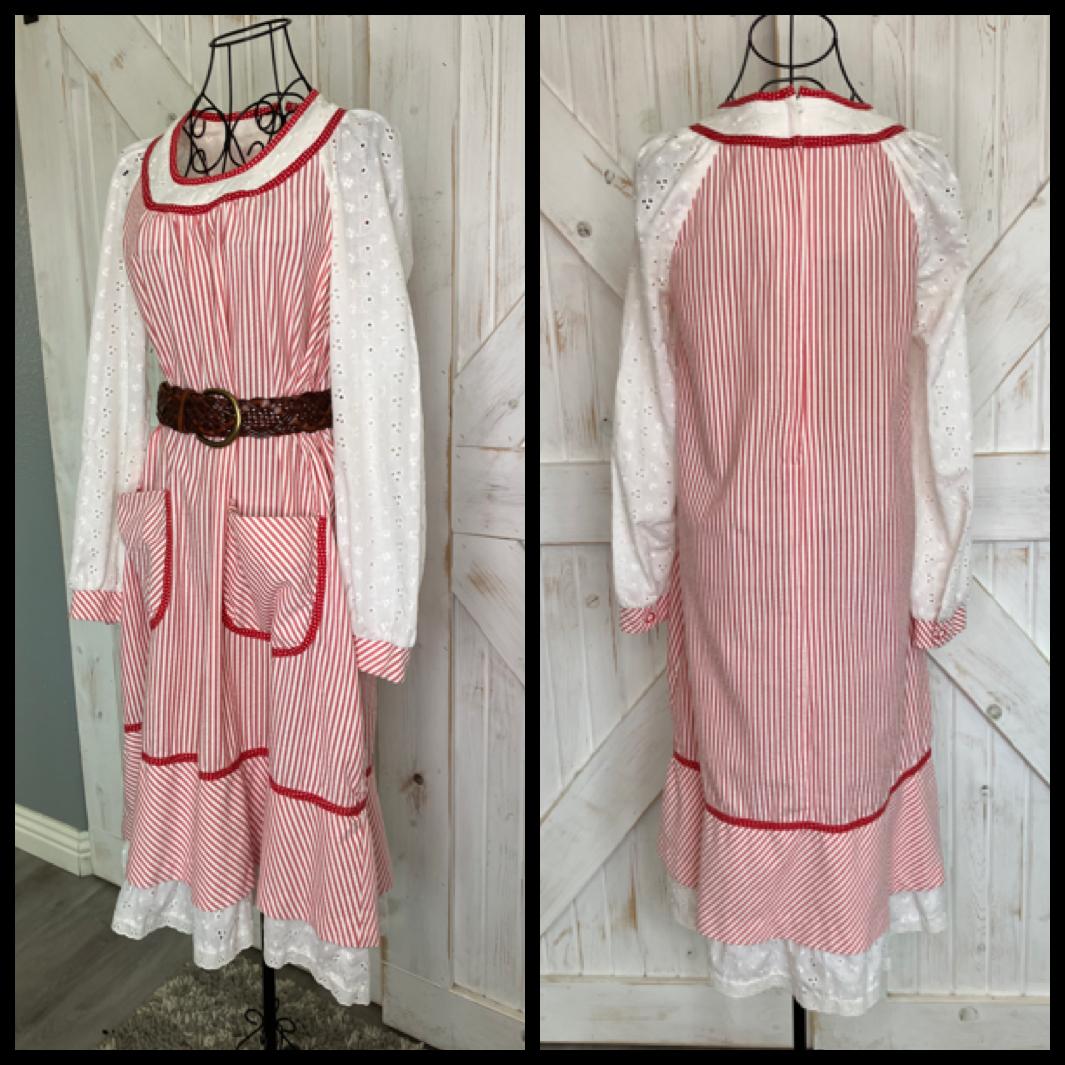 70's Vintage Jody T California Red White Candy Stripe Prairie Gunne Sax STYLE Tent Midi Dress