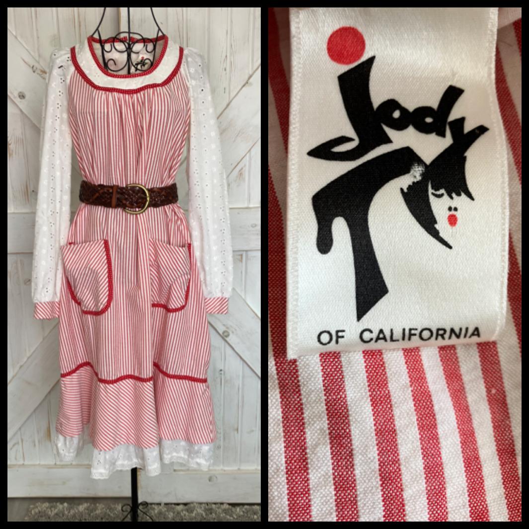 70's Vintage Jody T California Red White Candy Stripe Prairie Gunne Sax STYLE Tent Midi Dress