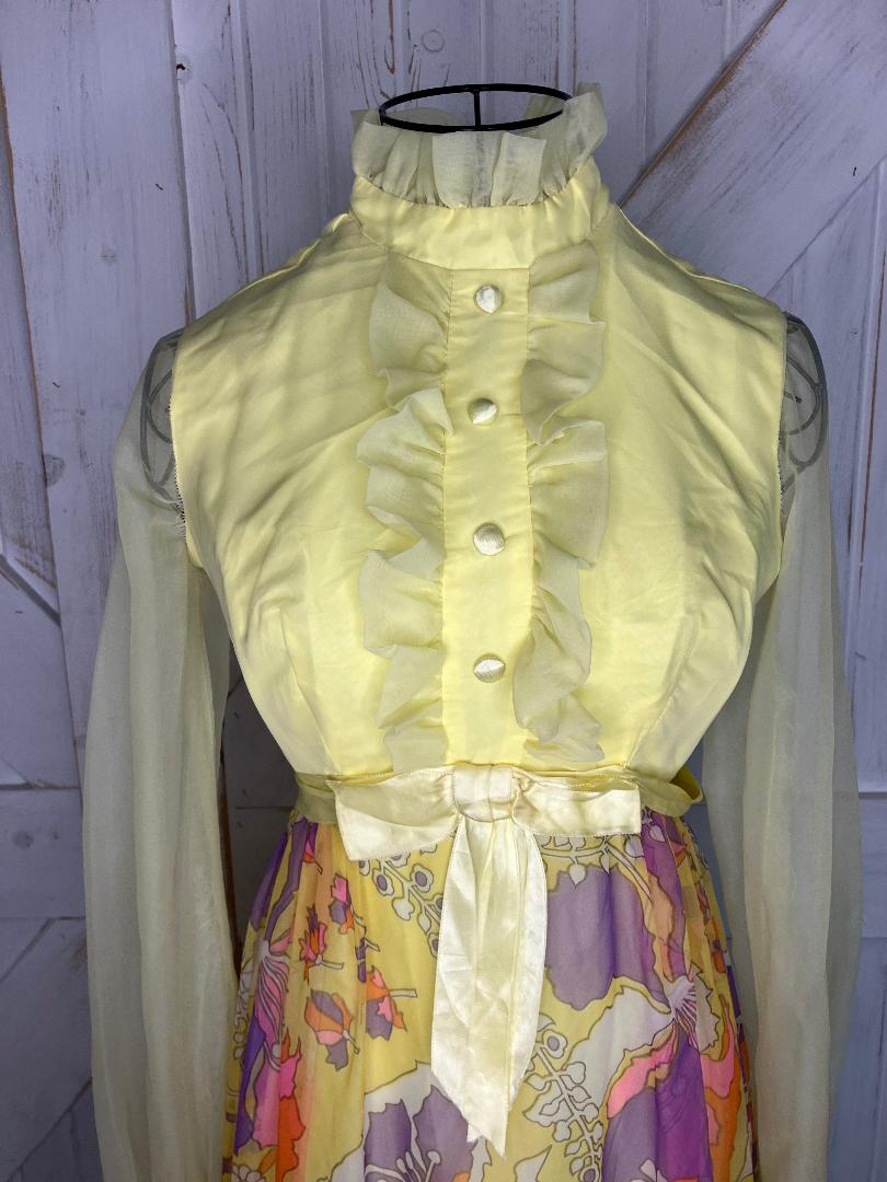 60's Vintage Handmade Yellow Orange Purple Floral Mod Hostess Cocktail Party Maxi Dress * FLAWS