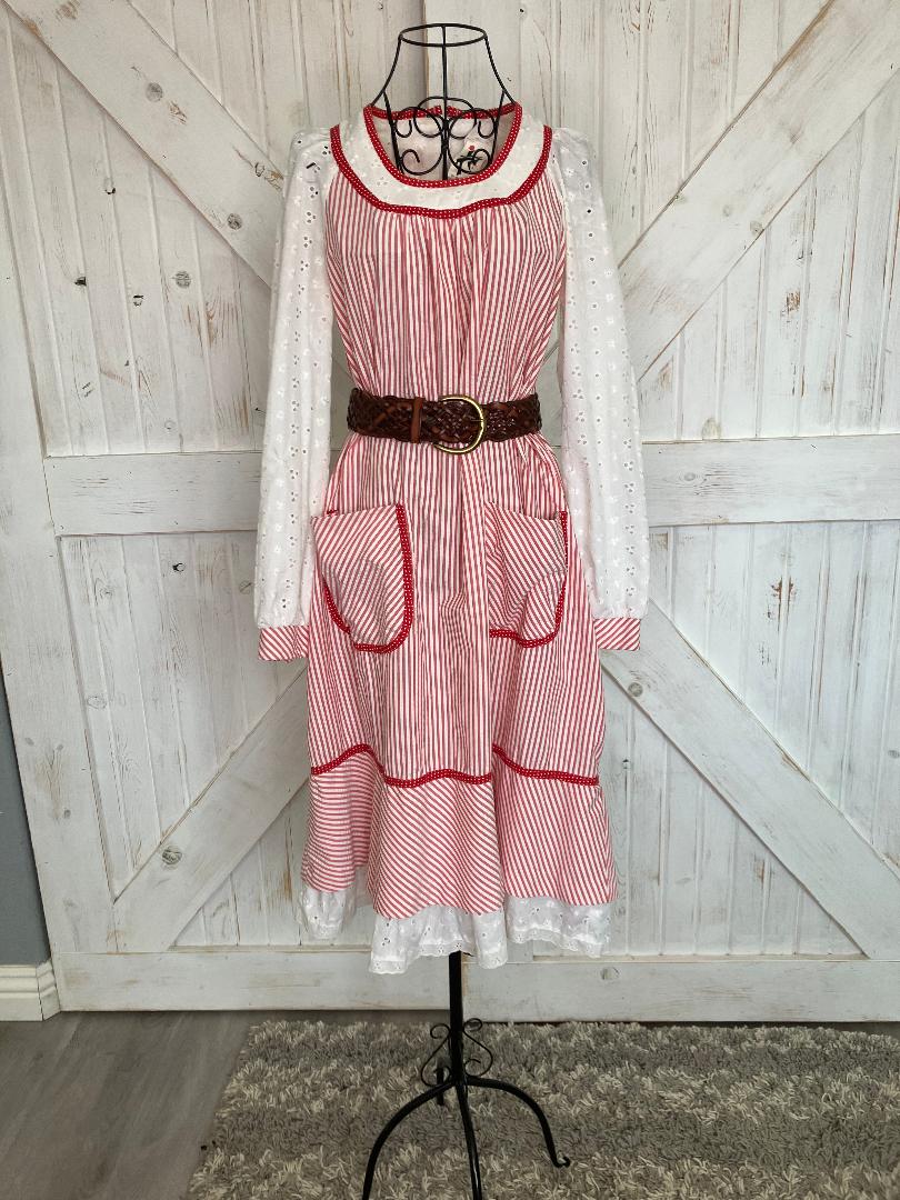 70's Vintage Jody T California Red White Candy Stripe Prairie Gunne Sax STYLE Tent Midi Dress
