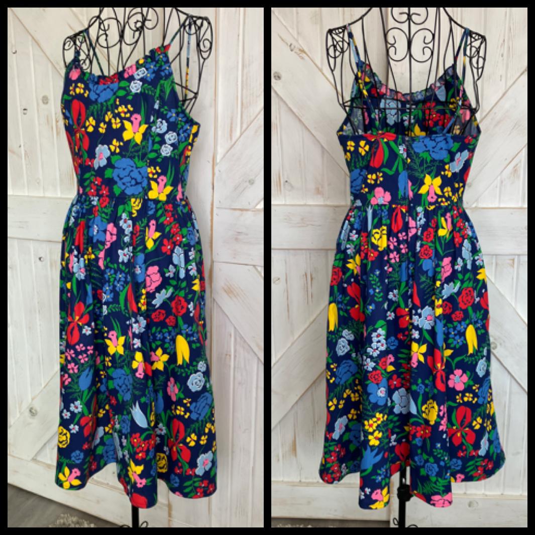 70's Vintage EJE Cotton Rainbow Blue Floral Hawaiian Sundress Day Midi Dress