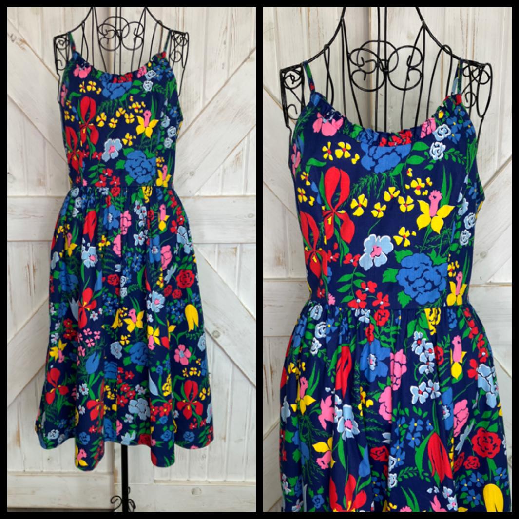 70's Vintage EJE Cotton Rainbow Blue Floral Hawaiian Sundress Day Midi Dress