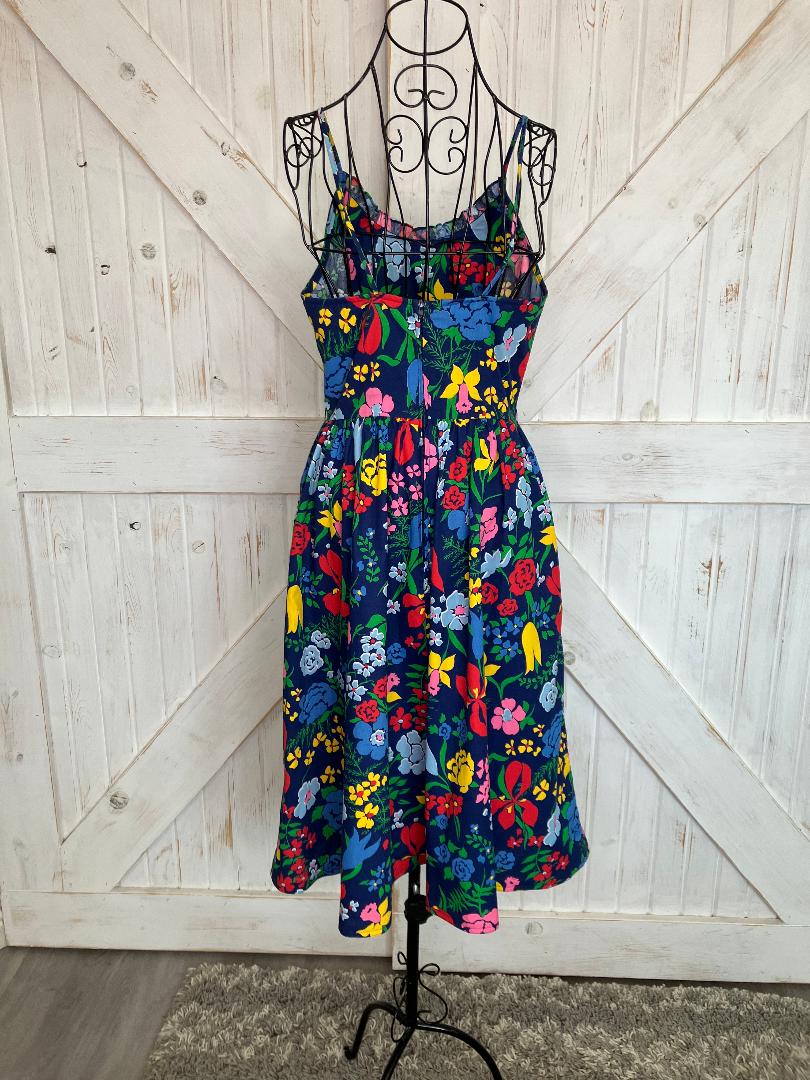 70's Vintage EJE Cotton Rainbow Blue Floral Hawaiian Sundress Day Midi Dress