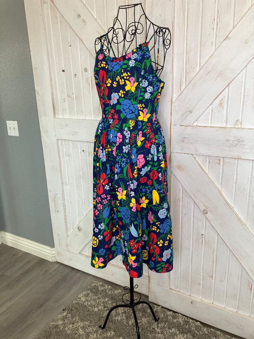 70's Vintage EJE Cotton Rainbow Blue Floral Hawaiian Sundress Day Midi Dress