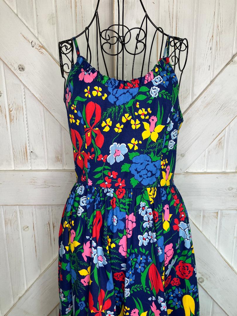 70's Vintage EJE Cotton Rainbow Blue Floral Hawaiian Sundress Day Midi Dress