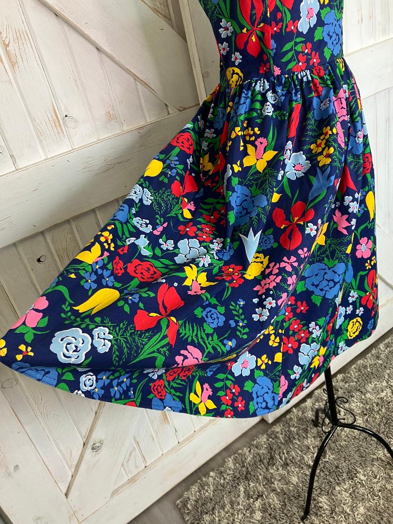 70's Vintage EJE Cotton Rainbow Blue Floral Hawaiian Sundress Day Midi Dress