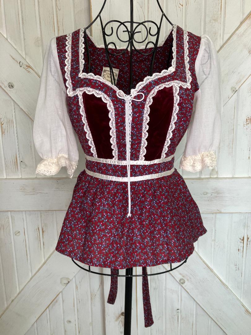 70's Vintage Gunne Sax Red White Blue Calico Peplum Velvet Prairie Corset Top Blouse *UPCYCLED