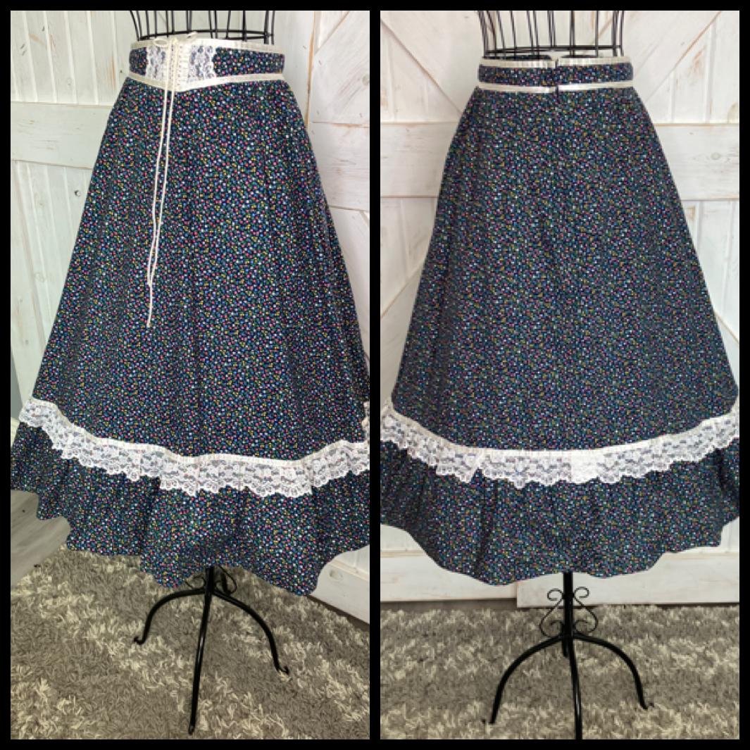 70's Vintage Gunne Sax Jessica's Gunnies Blue Rainbow Calico Prairie Corset Midi Skirt 11