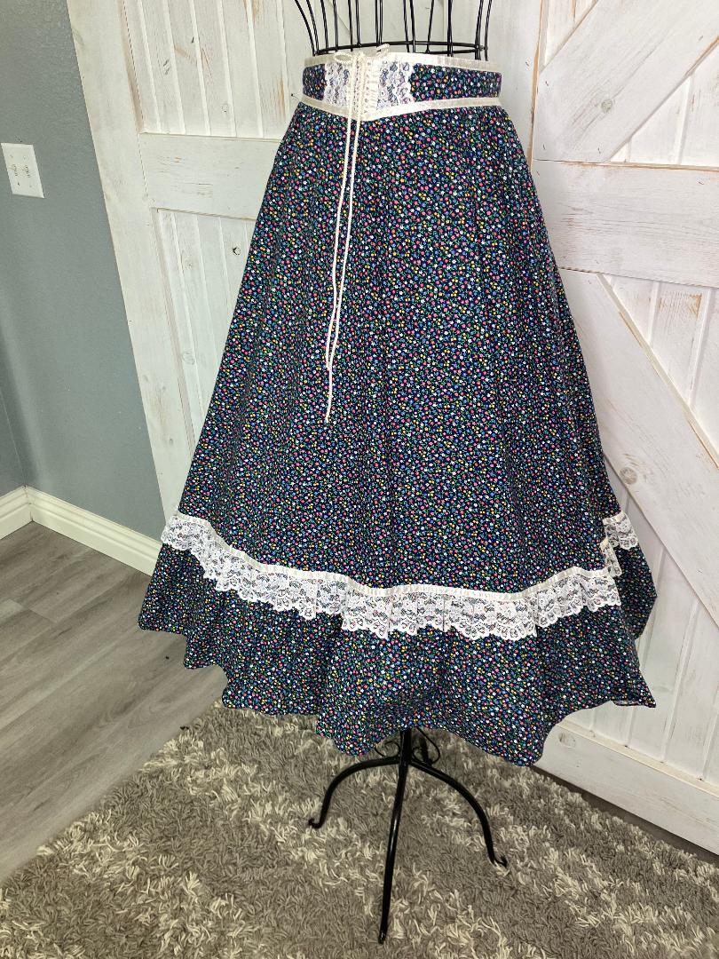 70's Vintage Gunne Sax Jessica's Gunnies Blue Rainbow Calico Prairie Corset Midi Skirt 11