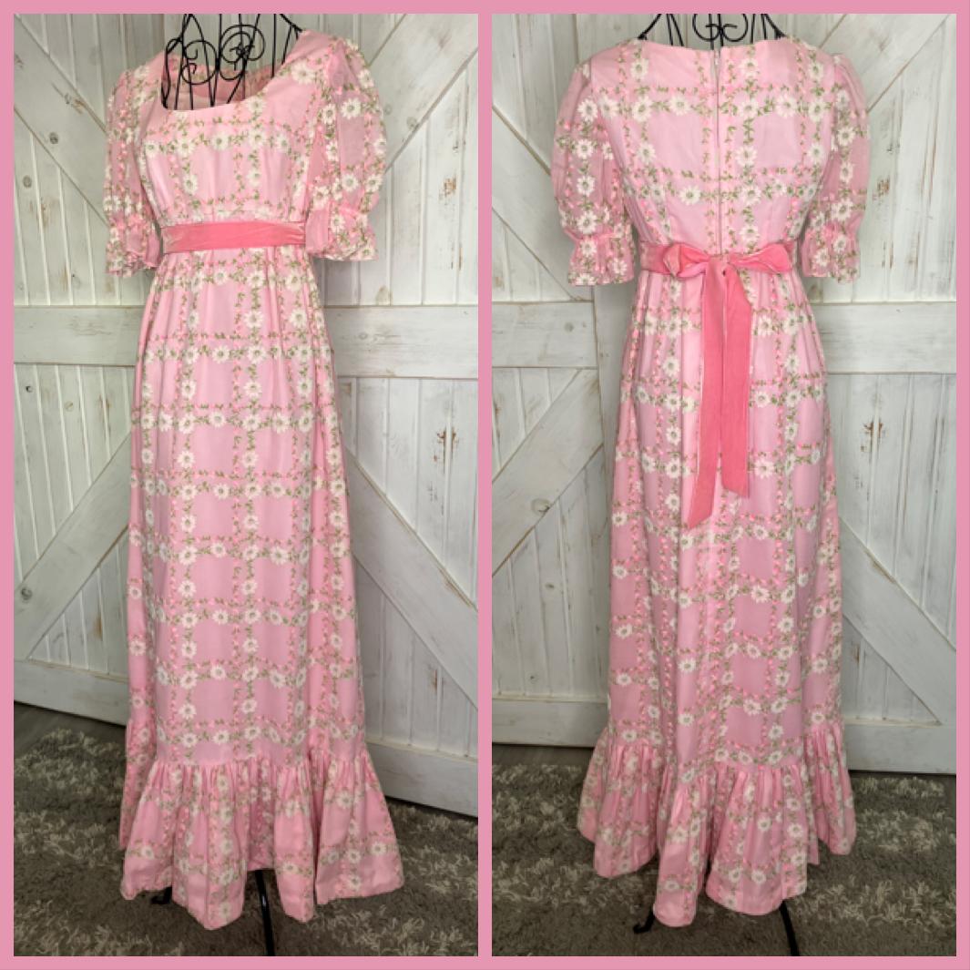 70's Vintage Pink Green White Daisy Floral Prairie Maxi Dress