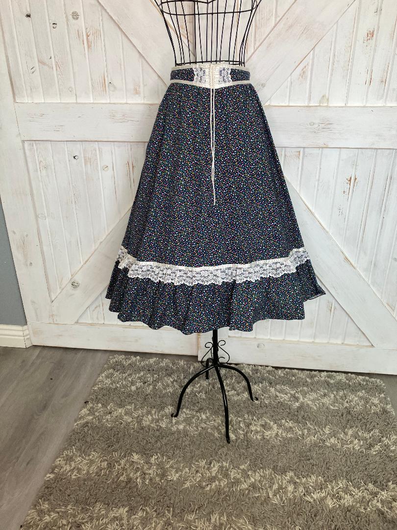 70's Vintage Gunne Sax Jessica's Gunnies Blue Rainbow Calico Prairie Corset Midi Skirt 11