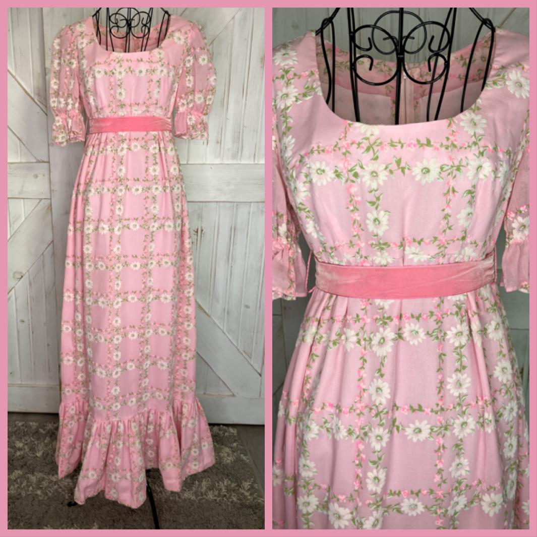 70's Vintage Pink Green White Daisy Floral Prairie Maxi Dress