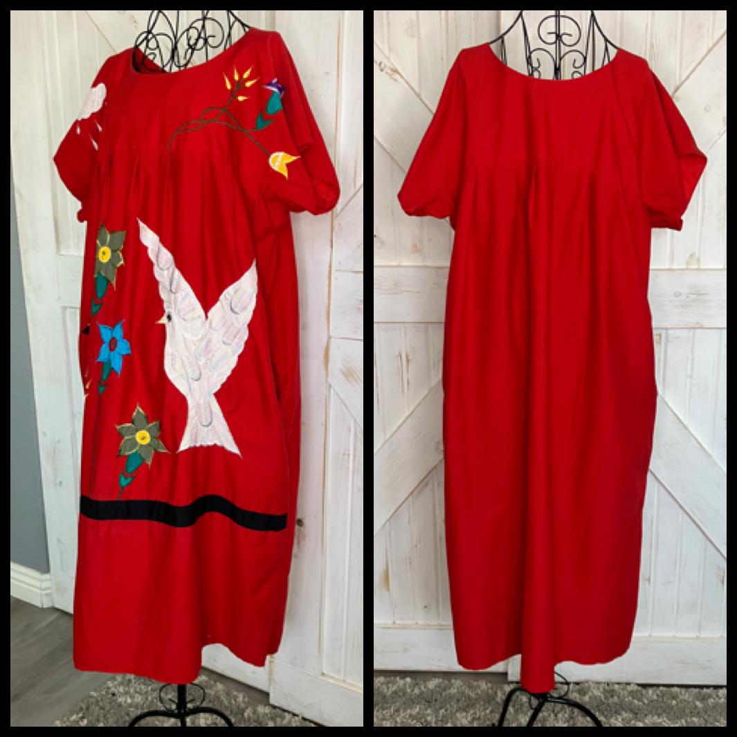 80's Vintage Red Patchwork Embroidered White Dove Green Blue Flower Cloud Mumu Muumuu Caftan Kaftan Housecoat Maxi Dress