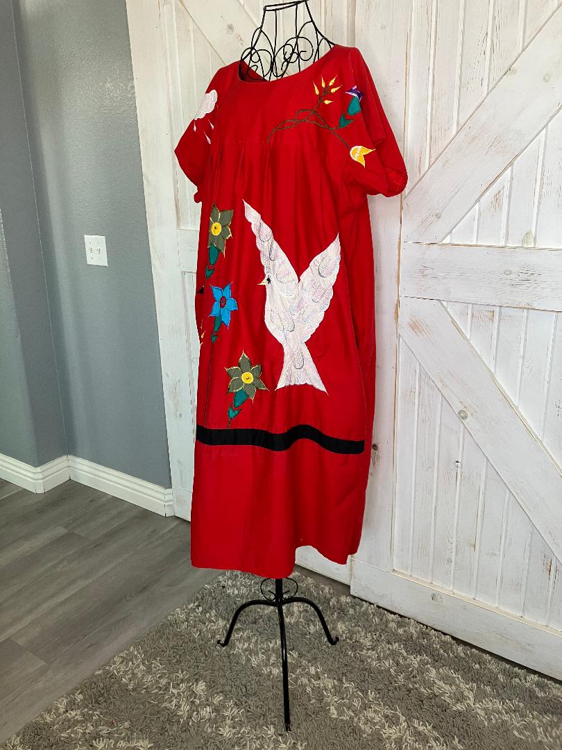 80's Vintage Red Patchwork Embroidered White Dove Green Blue Flower Cloud Mumu Muumuu Caftan Kaftan Housecoat Maxi Dress