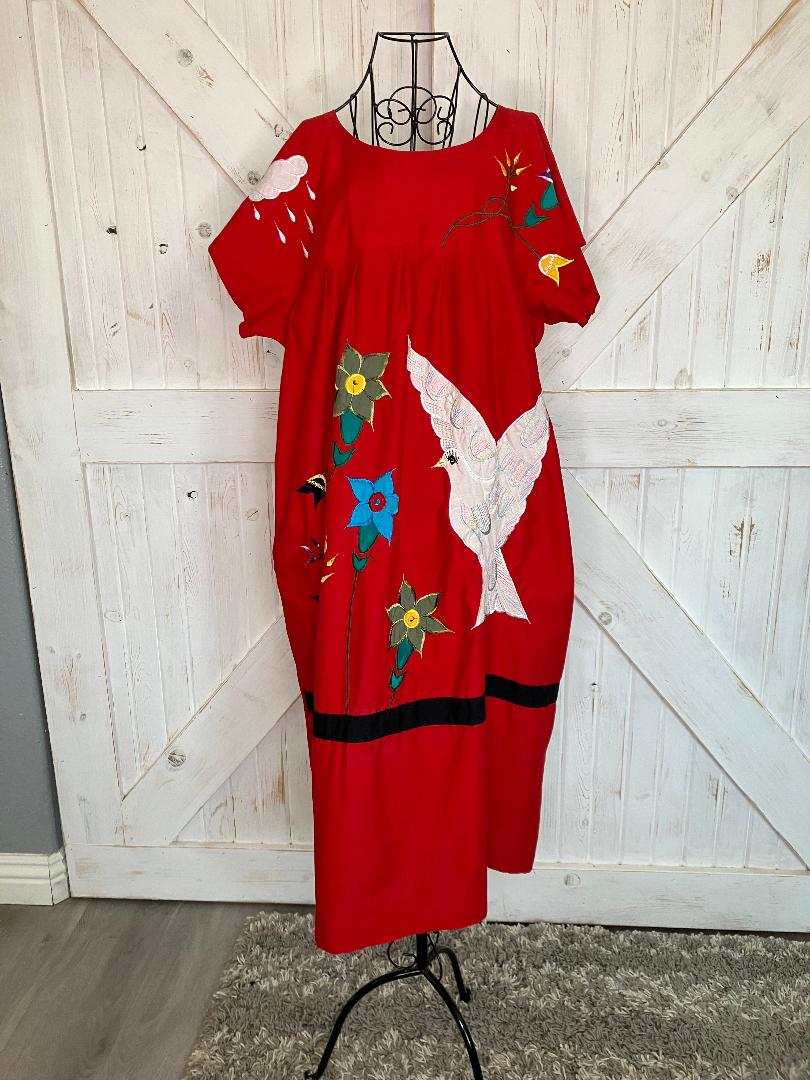 80's Vintage Red Patchwork Embroidered White Dove Green Blue Flower Cloud Mumu Muumuu Caftan Kaftan Housecoat Maxi Dress
