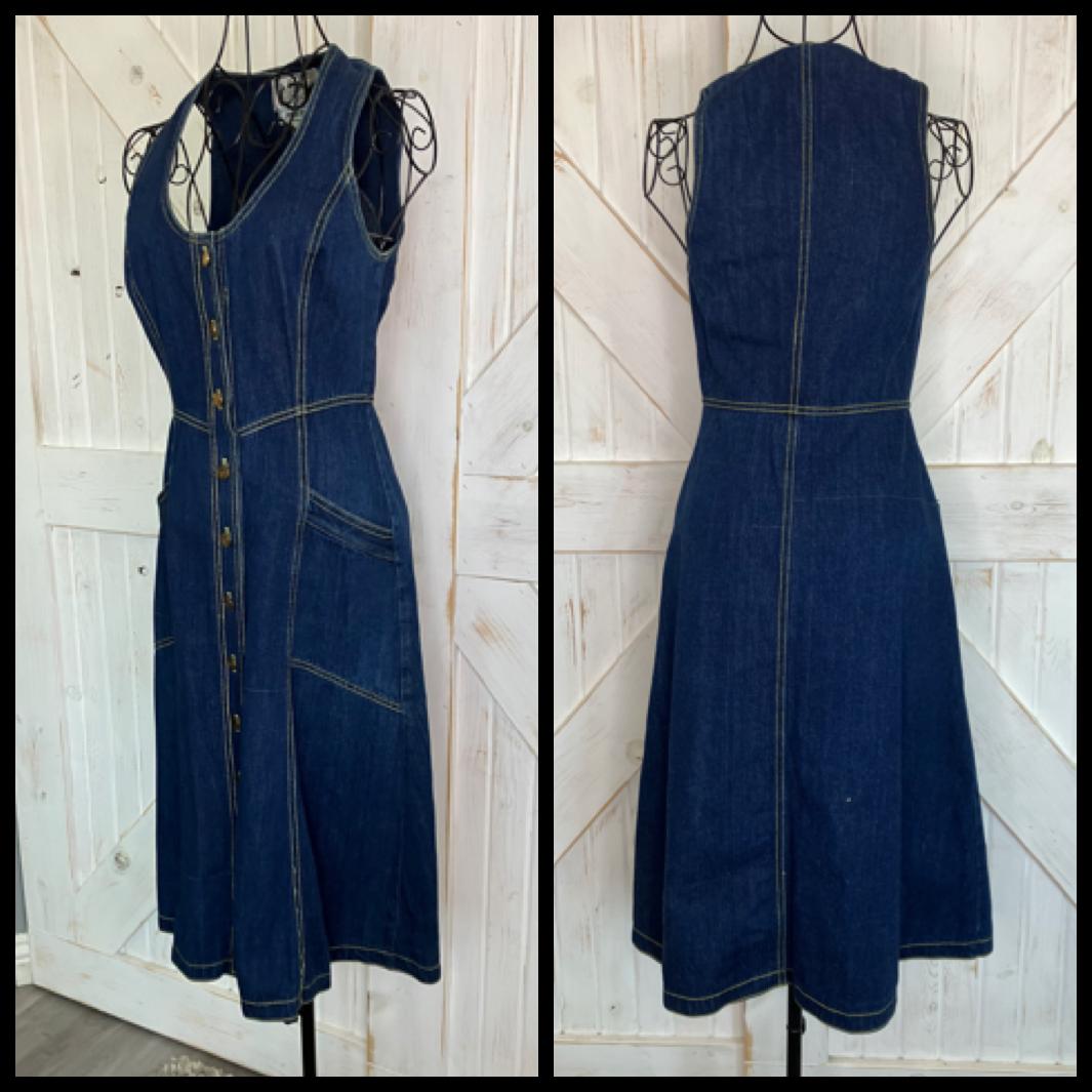 70's Vintage Foxy Lady for Joseph Magnin Blue Jean Denim Cowgirl Sundress Midi Dress