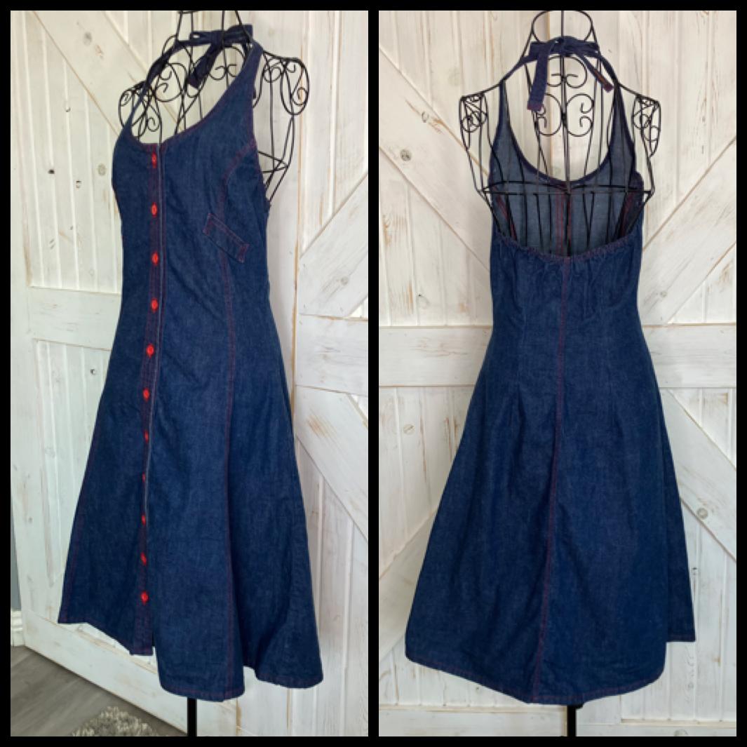 70's Vintage Landlubber Blue Jean Denim Red Button Halter Sundress Cowgirl Midi Dress