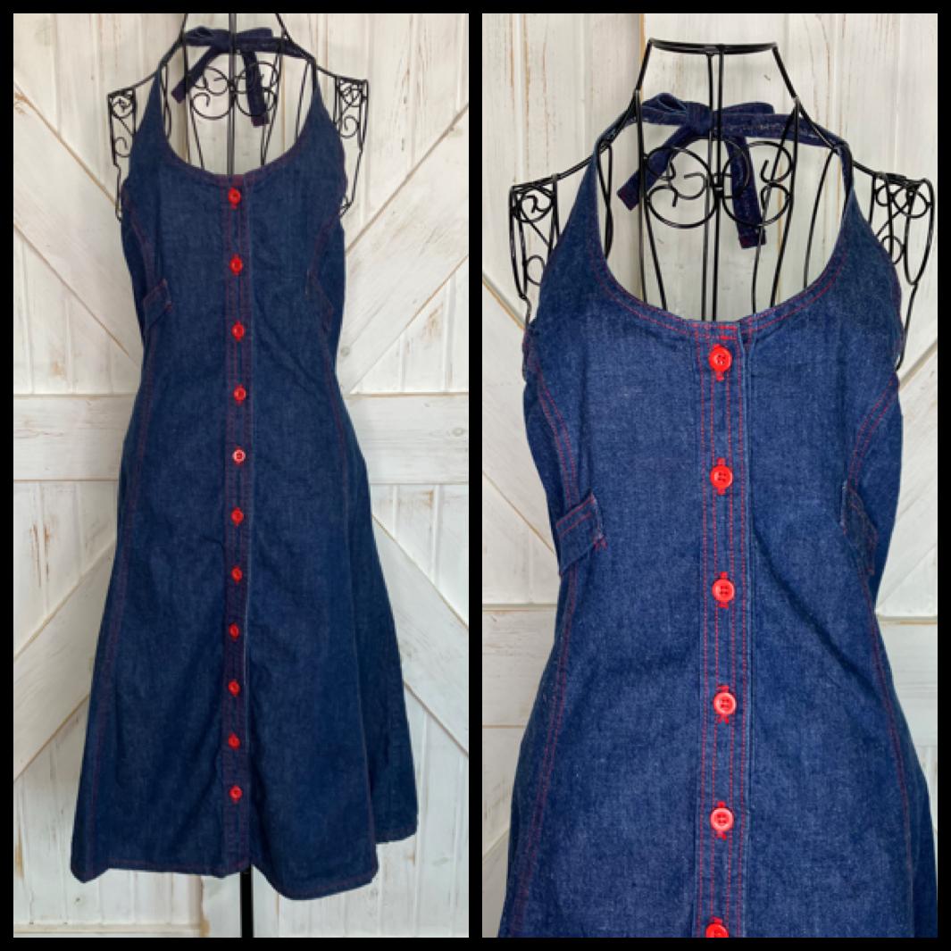 70's Vintage Landlubber Blue Jean Denim Red Button Halter Sundress Cowgirl Midi Dress