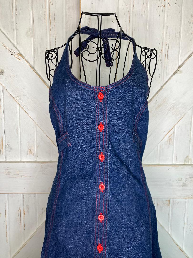 70's Vintage Landlubber Blue Jean Denim Red Button Halter Sundress Cowgirl Midi Dress