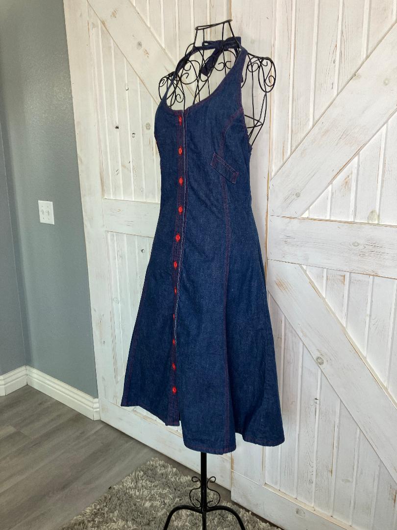 70's Vintage Landlubber Blue Jean Denim Red Button Halter Sundress Cowgirl Midi Dress