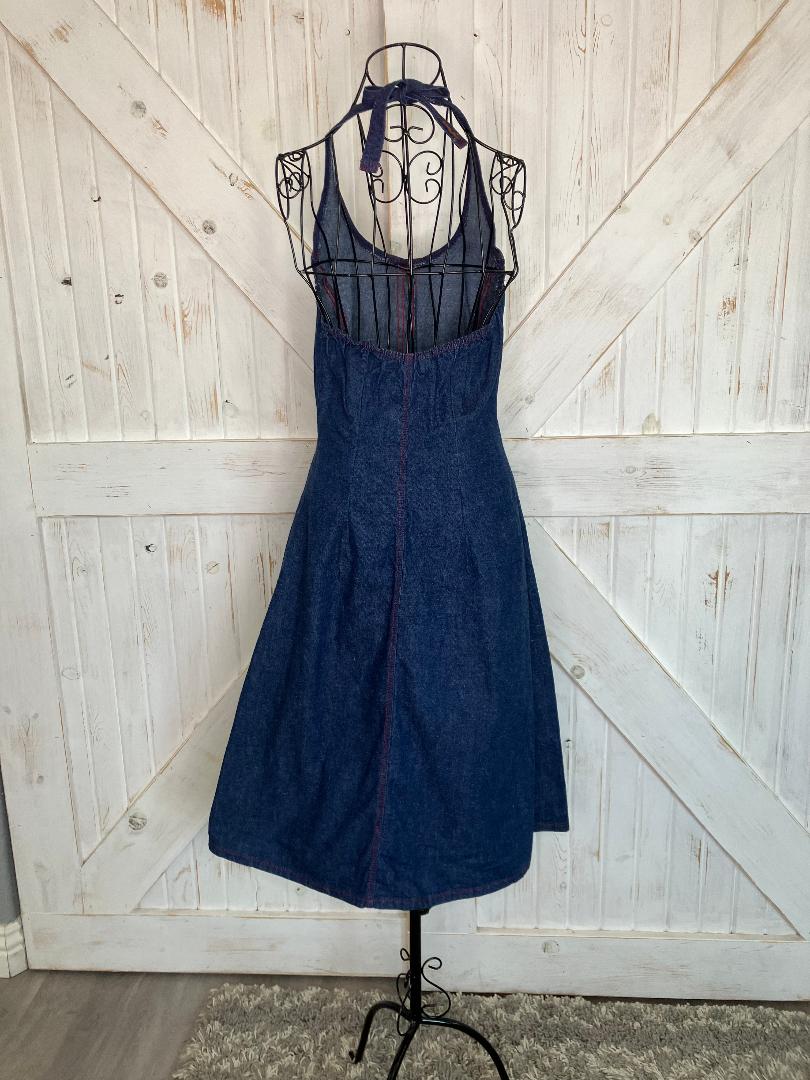 70's Vintage Landlubber Blue Jean Denim Red Button Halter Sundress Cowgirl Midi Dress