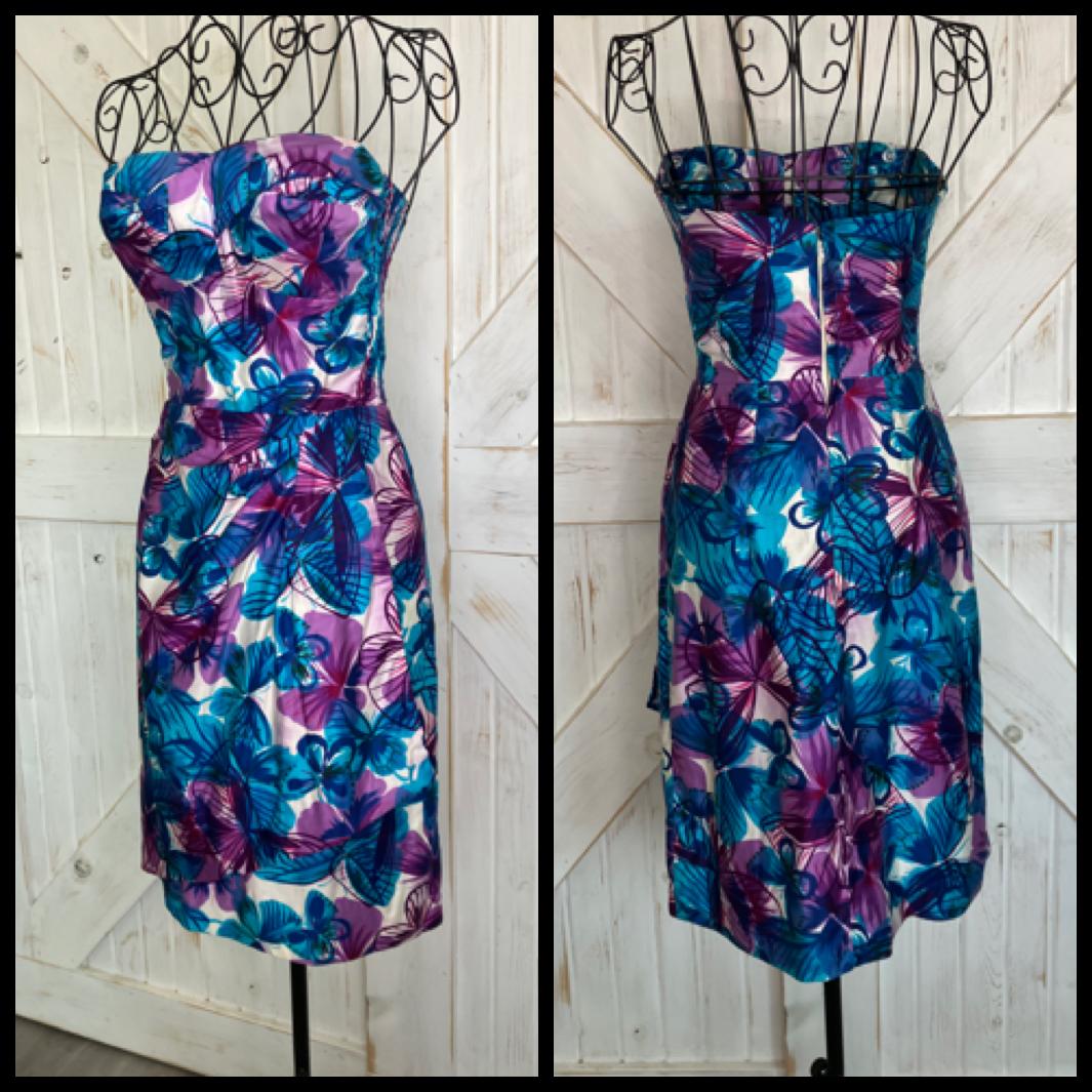 60's Vintage Malia Honolulu Hawaii Pin Up Strapless Rockabilly Bombshell Blue Purple Butterfly Hawaiian Sundress Mini Dress