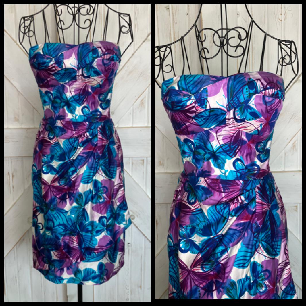 60's Vintage Malia Honolulu Hawaii Pin Up Strapless Rockabilly Bombshell Blue Purple Butterfly Hawaiian Sundress Mini Dress