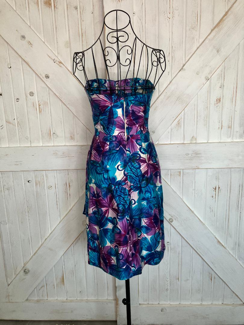 60's Vintage Malia Honolulu Hawaii Pin Up Strapless Rockabilly Bombshell Blue Purple Butterfly Hawaiian Sundress Mini Dress