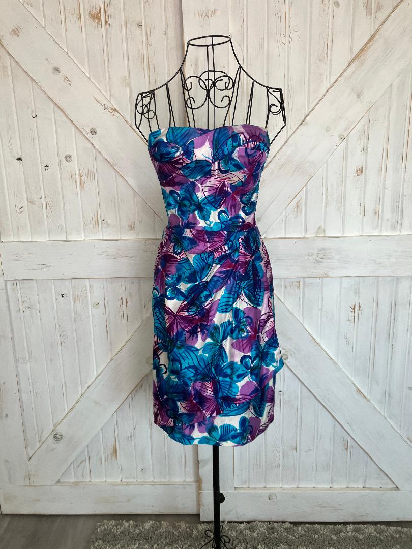 60's Vintage Malia Honolulu Hawaii Pin Up Strapless Rockabilly Bombshell Blue Purple Butterfly Hawaiian Sundress Mini Dress