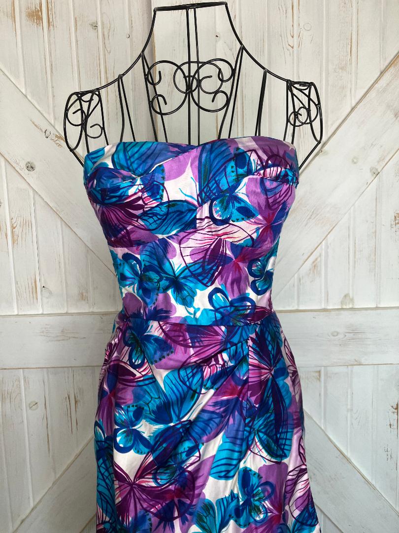 60's Vintage Malia Honolulu Hawaii Pin Up Strapless Rockabilly Bombshell Blue Purple Butterfly Hawaiian Sundress Mini Dress