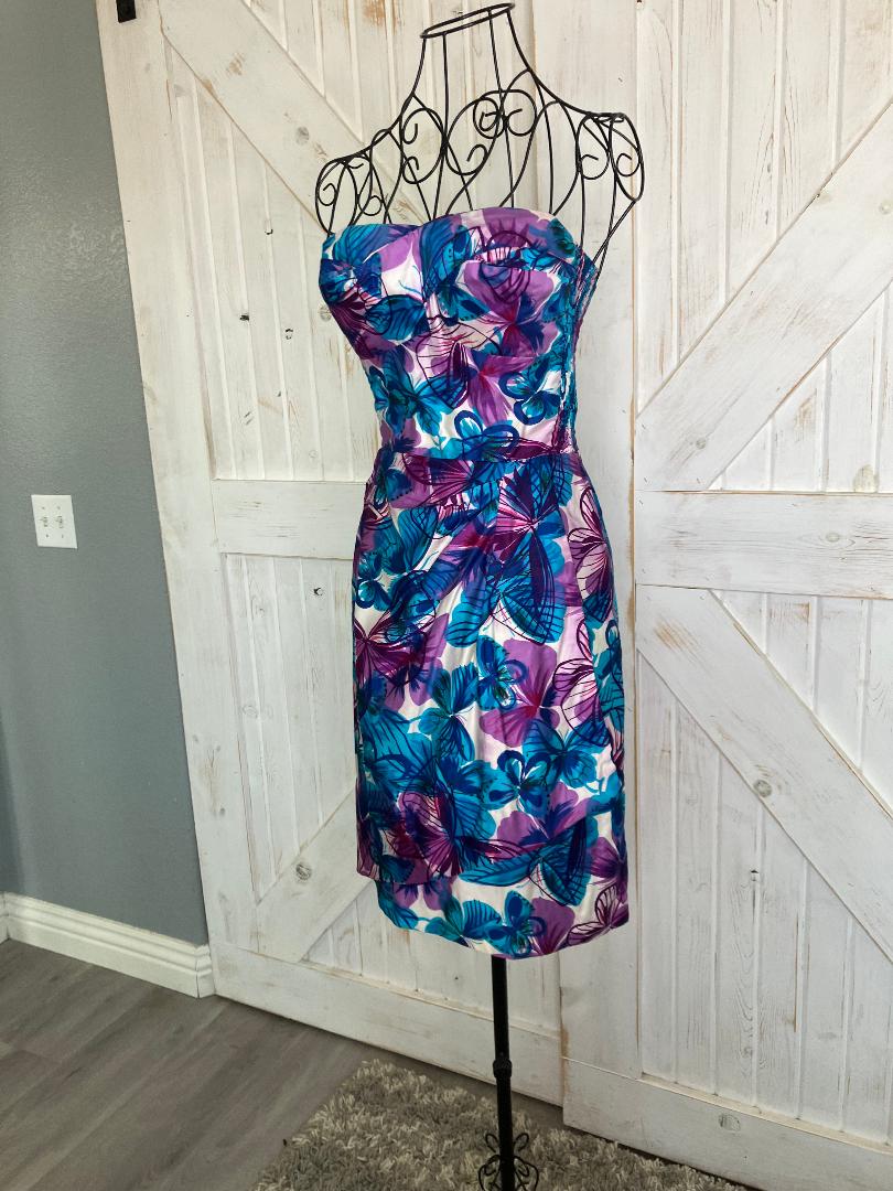 60's Vintage Malia Honolulu Hawaii Pin Up Strapless Rockabilly Bombshell Blue Purple Butterfly Hawaiian Sundress Mini Dress