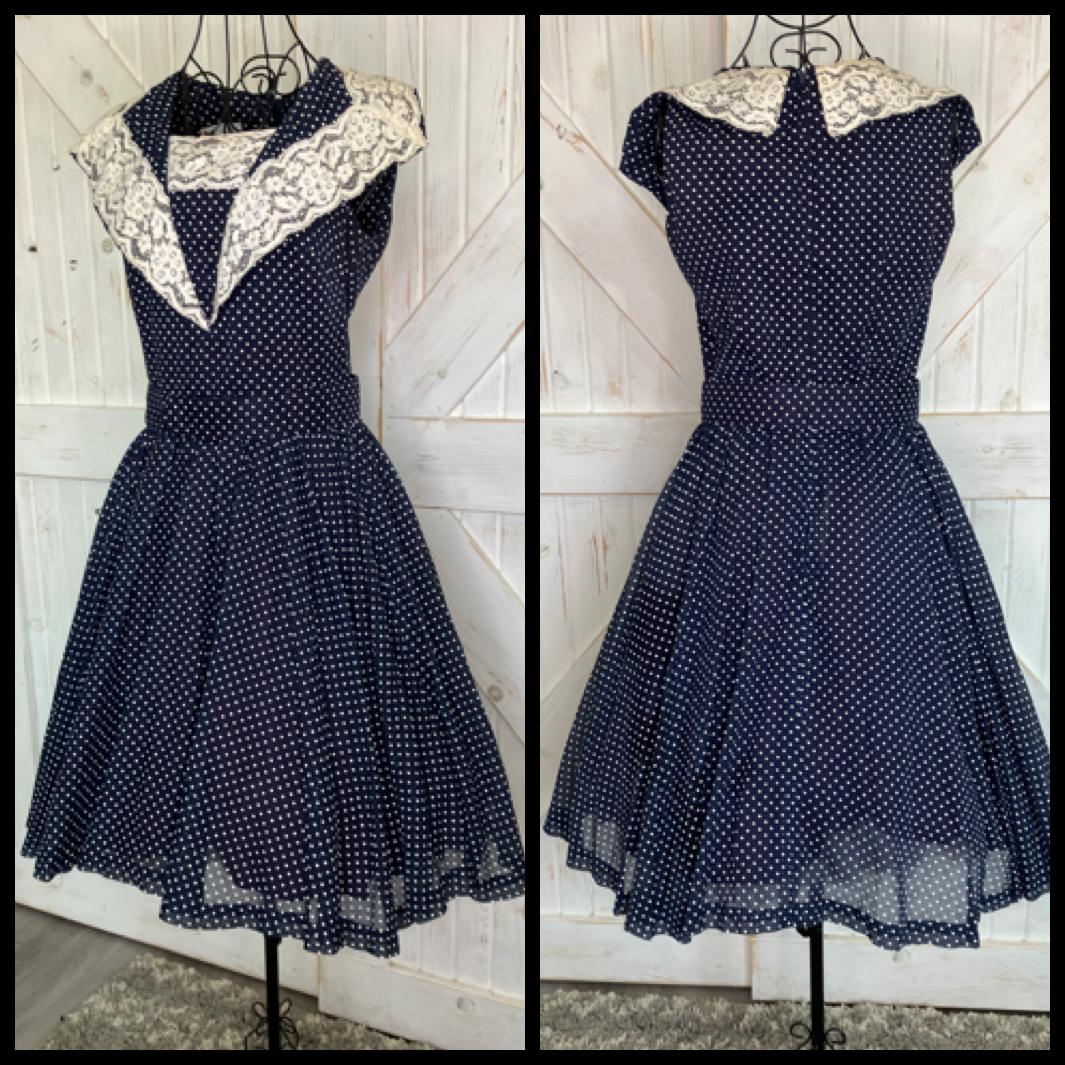 60's Vintage Eve Le Coq Nober California Blue White Polka Dot Dapper Swing Pin Up Dress