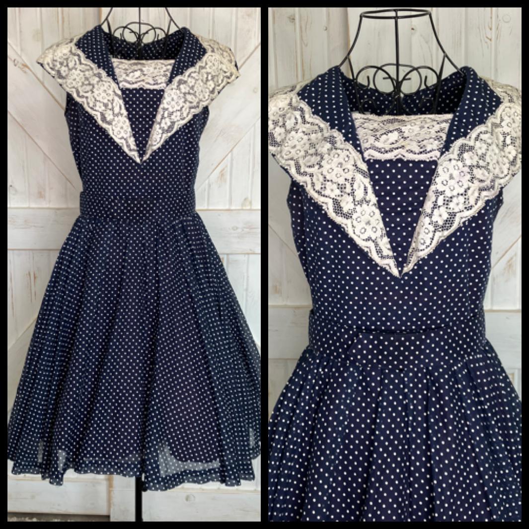 60's Vintage Eve Le Coq Nober California Blue White Polka Dot Dapper Swing Pin Up Dress