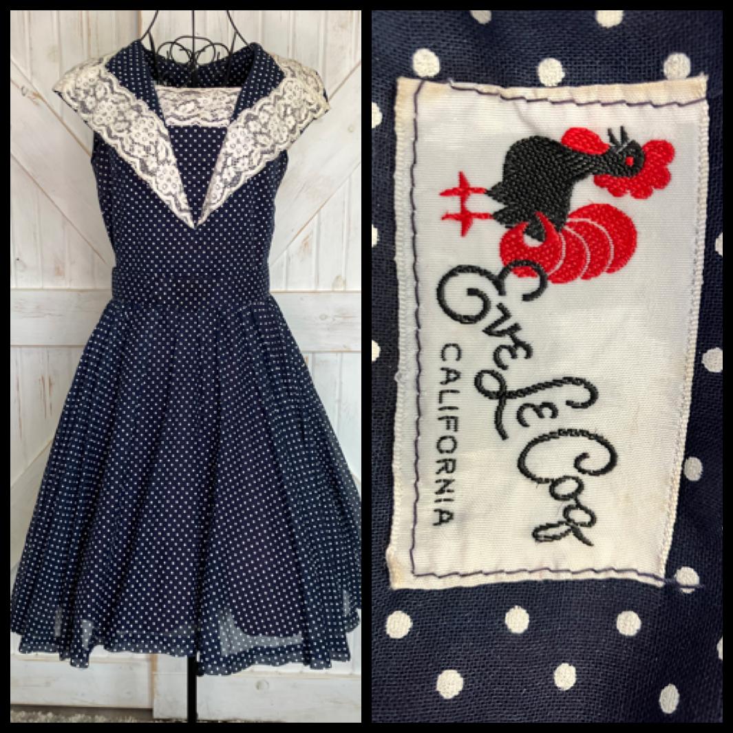 60's Vintage Eve Le Coq Nober California Blue White Polka Dot Dapper Swing Pin Up Dress
