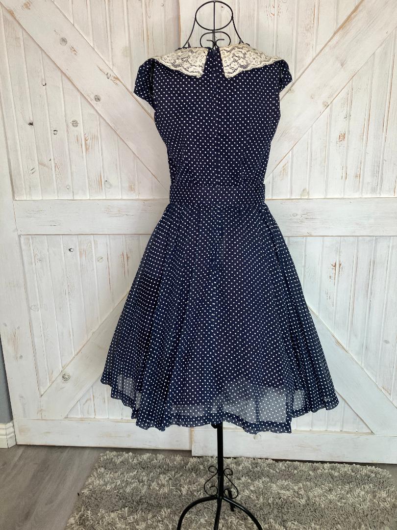 60's Vintage Eve Le Coq Nober California Blue White Polka Dot Dapper Swing Pin Up Dress