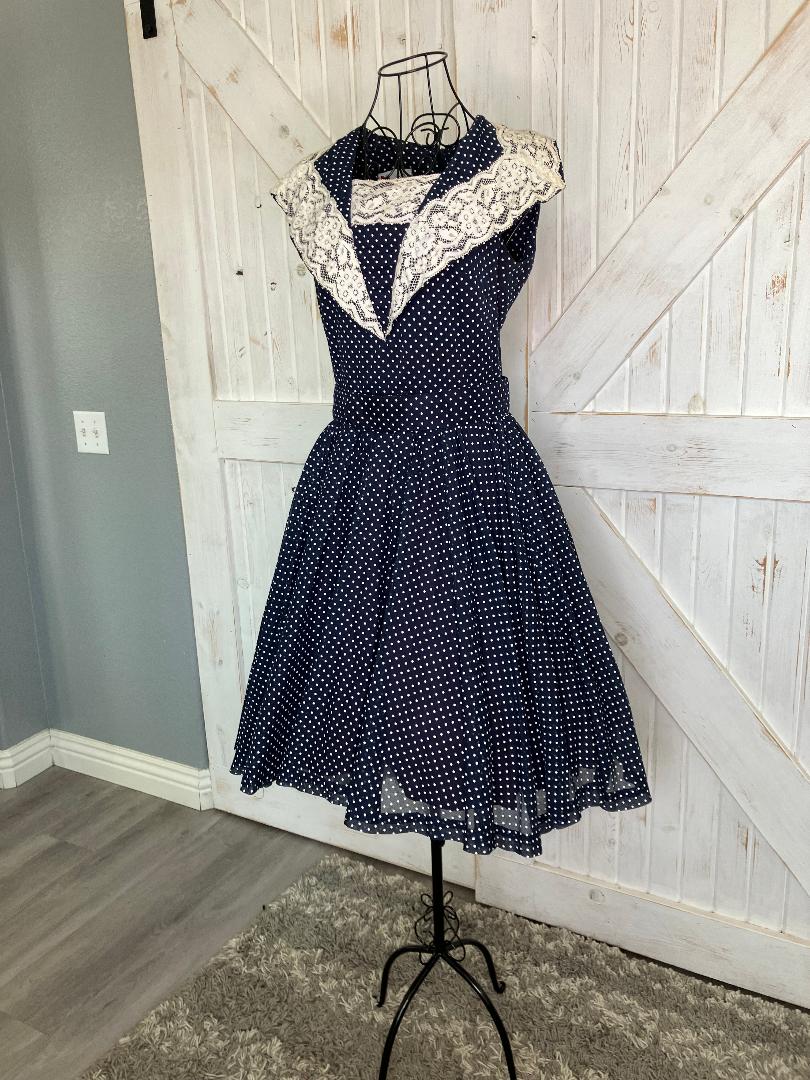 60's Vintage Eve Le Coq Nober California Blue White Polka Dot Dapper Swing Pin Up Dress