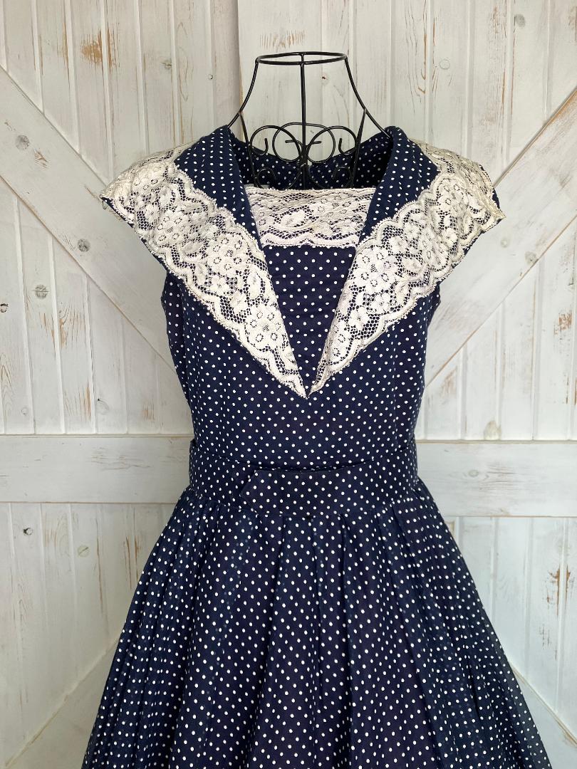 60's Vintage Eve Le Coq Nober California Blue White Polka Dot Dapper Swing Pin Up Dress