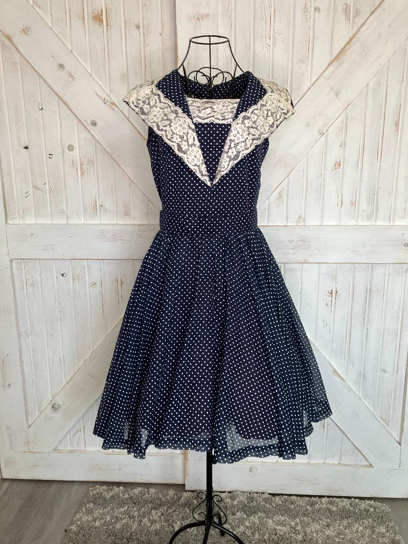 60's Vintage Eve Le Coq Nober California Blue White Polka Dot Dapper Swing Pin Up Dress