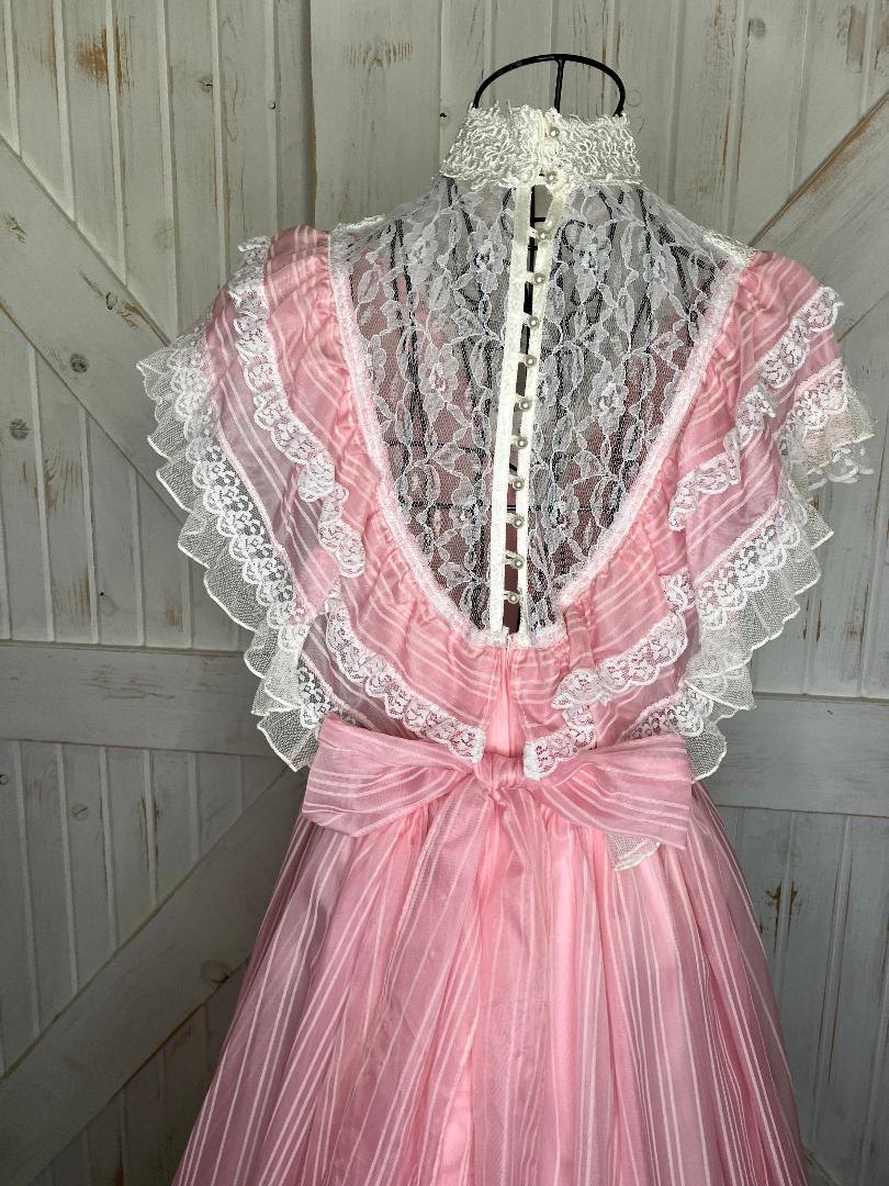 80's Vintage Gunne Sax Pink White Lace Stripe Ballgown Gown Antebellum Debutante Southern Belle Maxi Dress 7