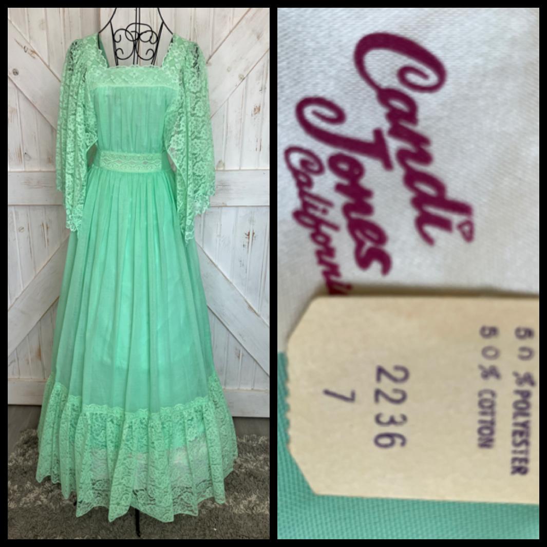 70's Vintage Candi Jones Green Lace Angel Sleeve Gunne Sax STYLE Maxi Dress 7