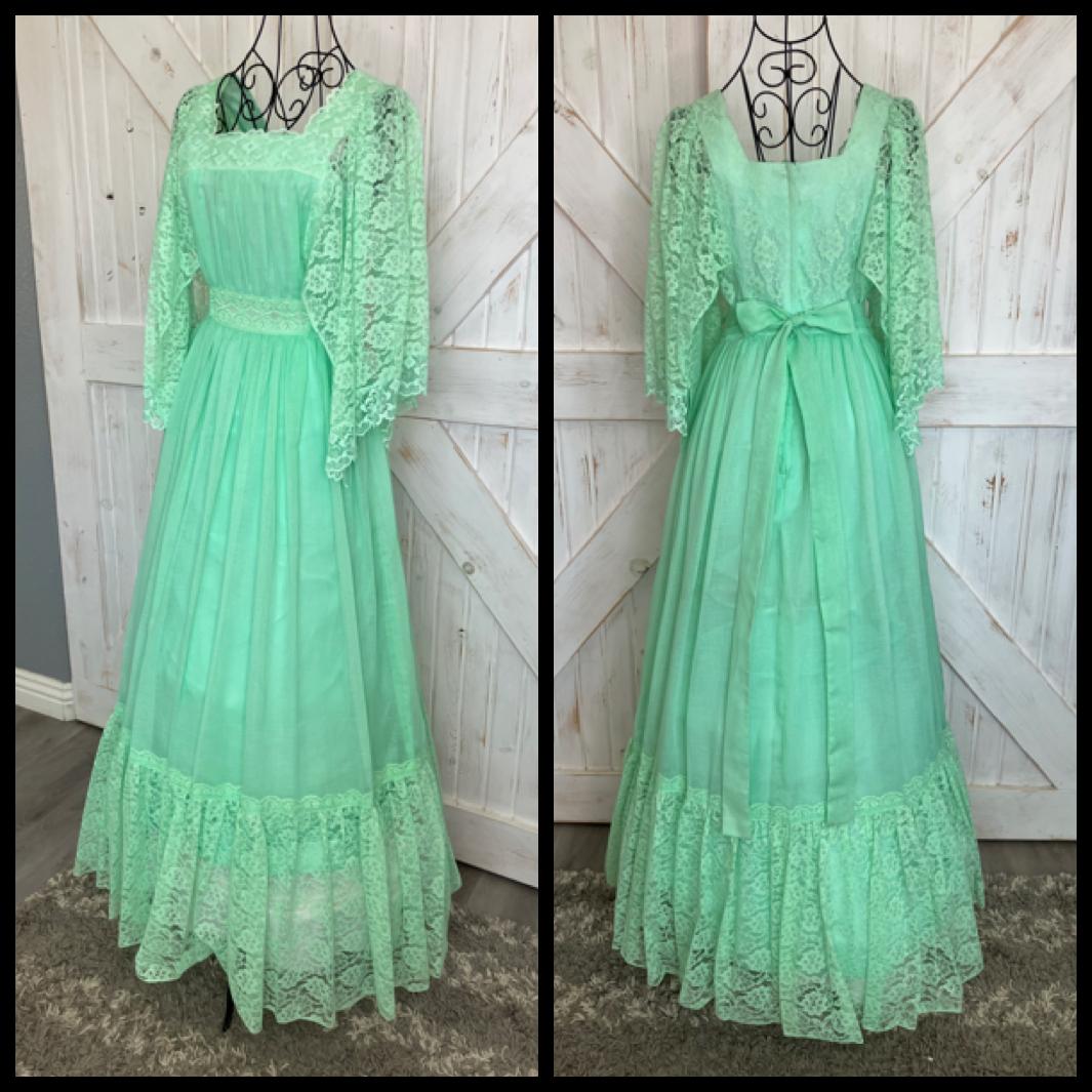 70's Vintage Candi Jones Green Lace Angel Sleeve Gunne Sax STYLE Maxi Dress 7