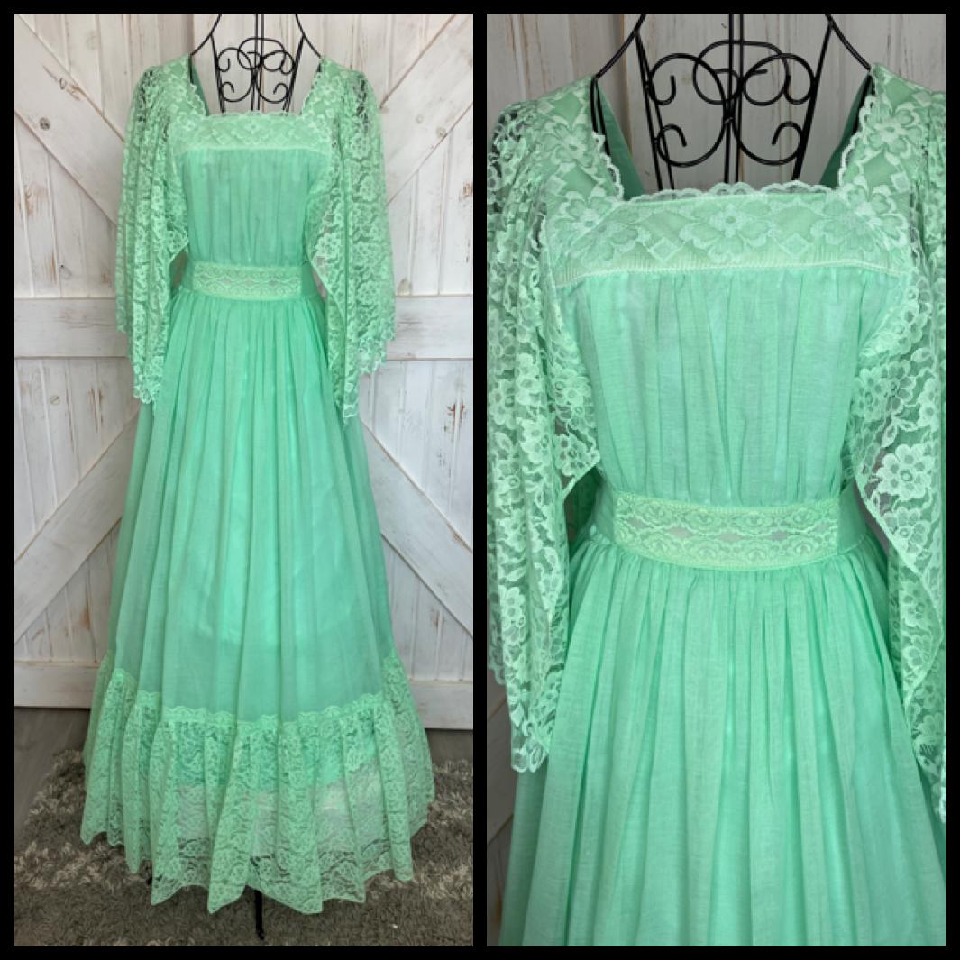 70's Vintage Candi Jones Green Lace Angel Sleeve Gunne Sax STYLE Maxi Dress 7