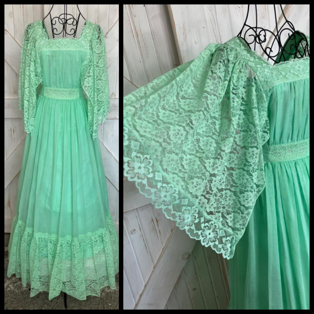 70's Vintage Candi Jones Green Lace Angel Sleeve Gunne Sax STYLE Maxi Dress 7