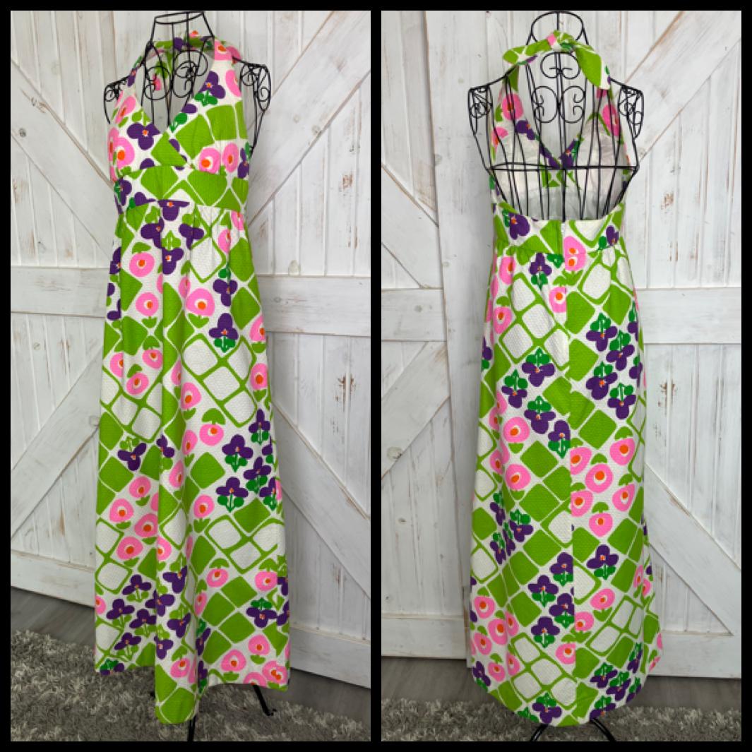 70's Vintage Malia Honolulu Pink Green Purple White Flower Power Hawaiian Halter Maxi Sundress Dress
