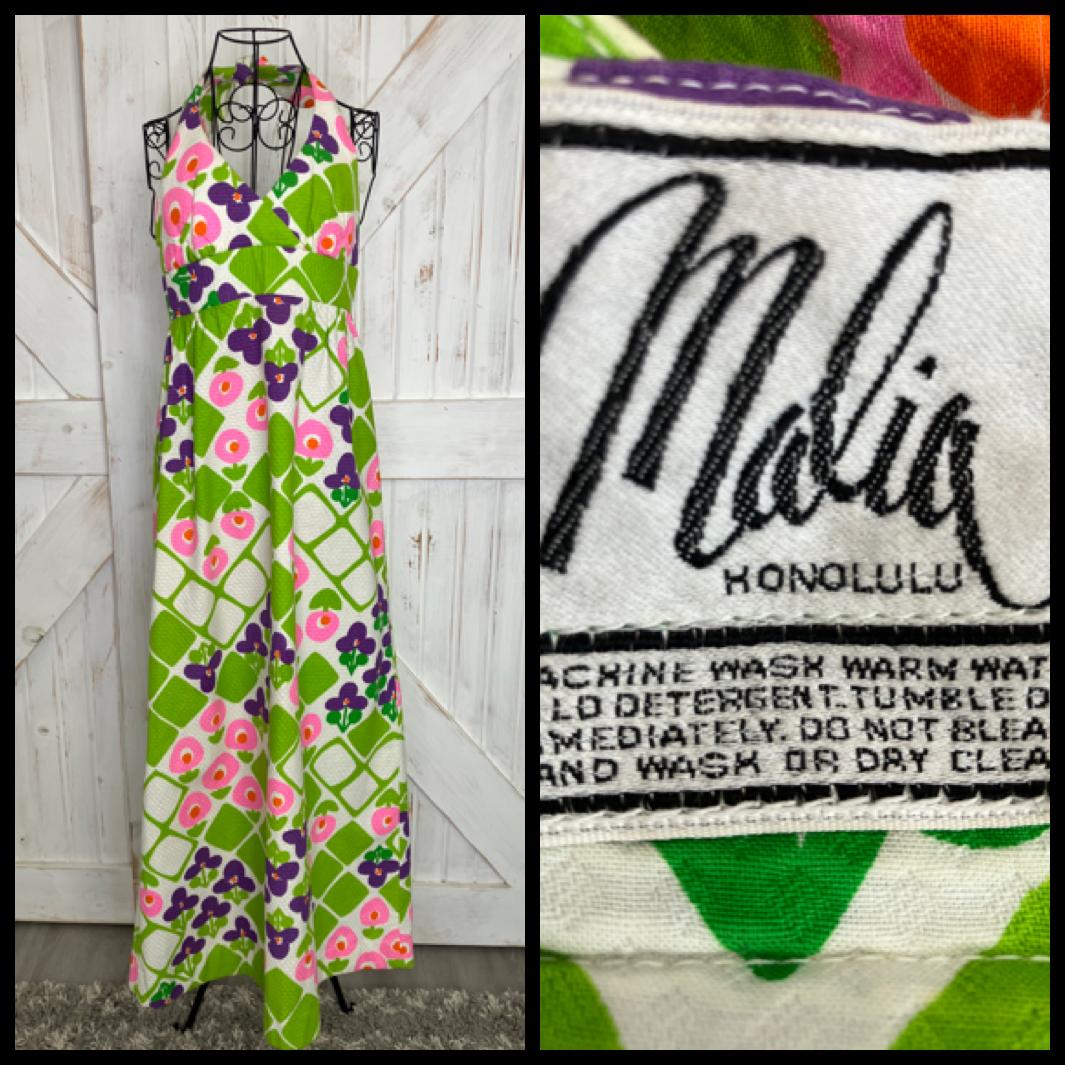 70's Vintage Malia Honolulu Pink Green Purple White Flower Power Hawaiian Halter Maxi Sundress Dress
